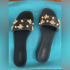 Ann More Black slip ons with gold bees and pearls New without tags - size 9